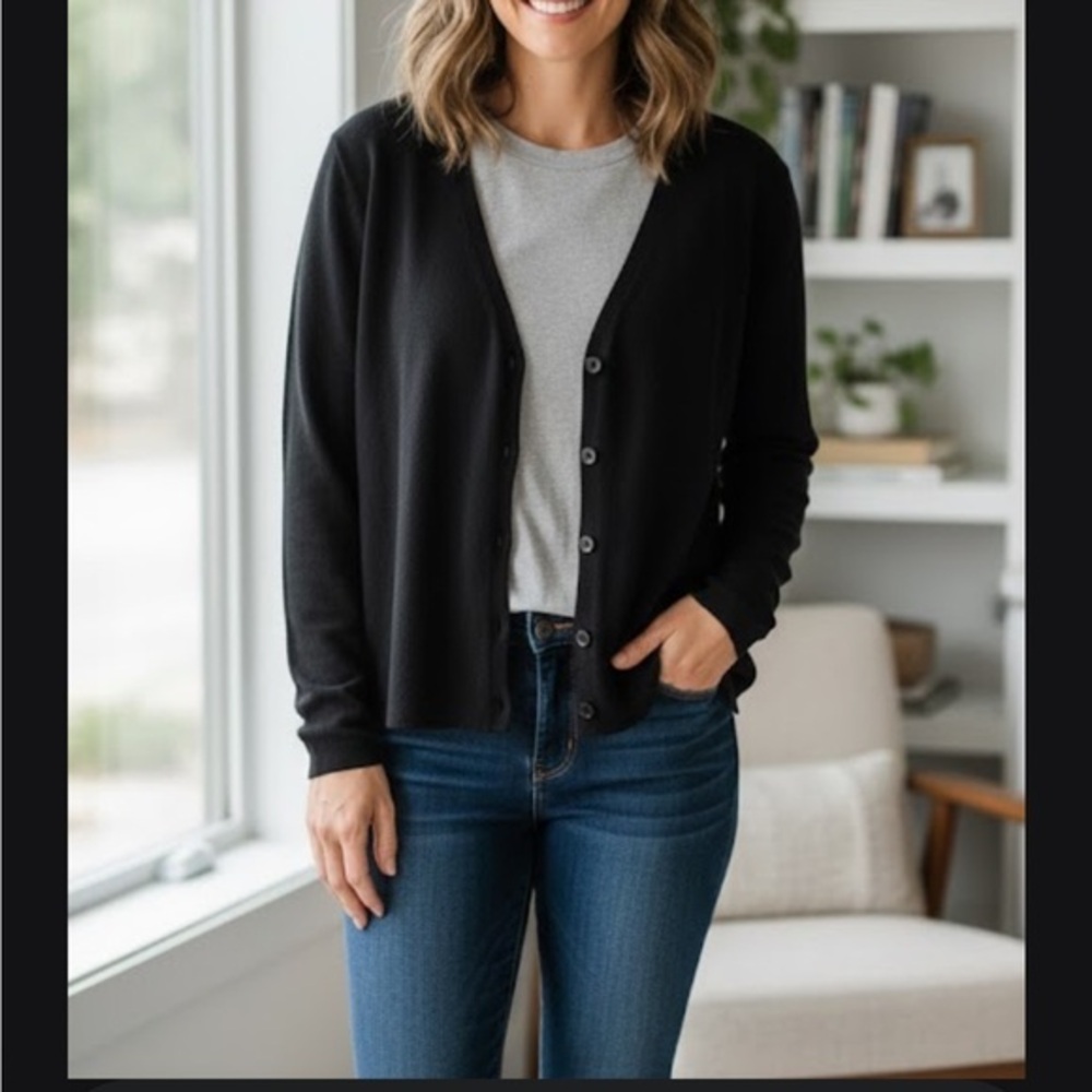 Max Studio Black Button-Front Lightweight Cardigan
